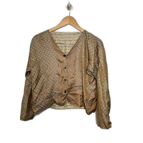 Vintage Blouse Women's Medium Brown Blue Green Silk Reversible Top Button Front - Picture 2 of 8